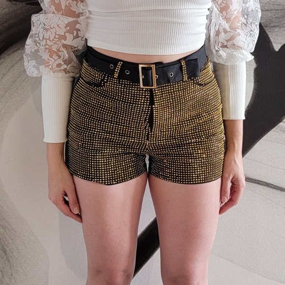 Cien Rhinestone Belted High Rise Shorts – Black & Gold Party Glam (S/M/L) - Picture 1 of 13